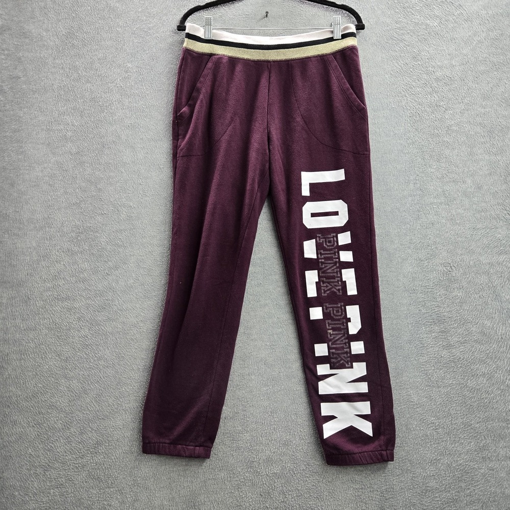 PINK Victoria's Secret Women Pants M Purple Sweatpants Fleece LOVE Logo‎ Jogger